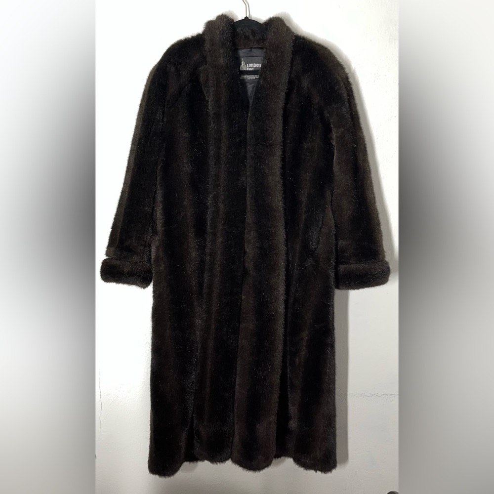Vtg London Fog Faux Fur Modacrylic Coat Full Length Black Brown Sz 8, Mob Wife